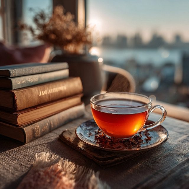 Featured on Single-Album Cover: Cup of tea beside stacked books near a window with a soft city view.