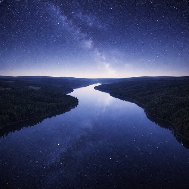 Featured on Single-Album Cover: A wide river at night under a starry sky, bathed in the glow of the distant horizon.