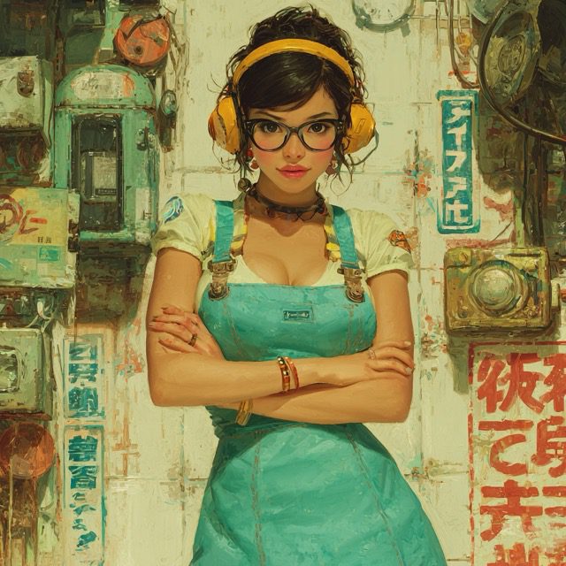Featured on Single-Album Cover: Stylized illustration of a woman wearing glasses against a colorful poster background.