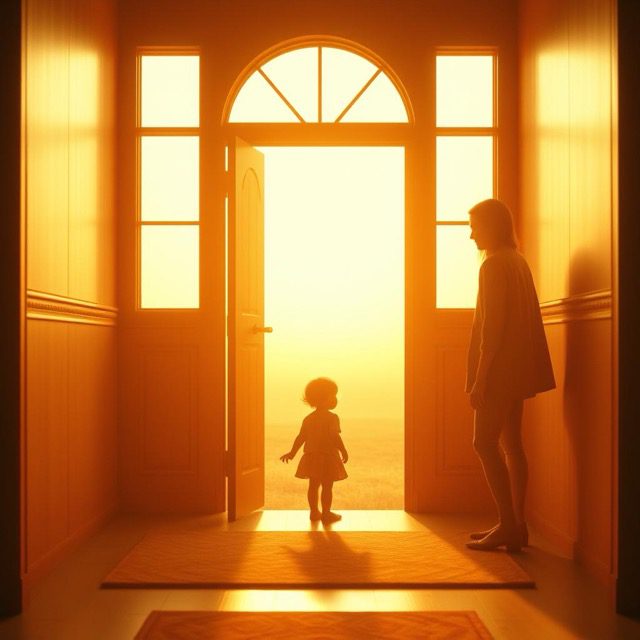 Featured on Single-Album Cover: Adult and child standing in a glowing doorway filled with warm light.
