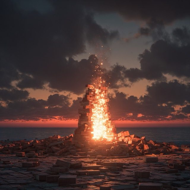 Featured on Single-Album Cover: At sunset, a large bonfire burns on a dark beach lined with bricks.