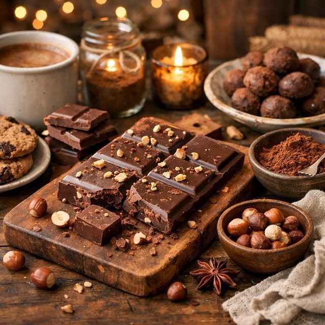 Featured on Single-Album Cover: Assorted chocolate pieces and sweets arranged beside candles.