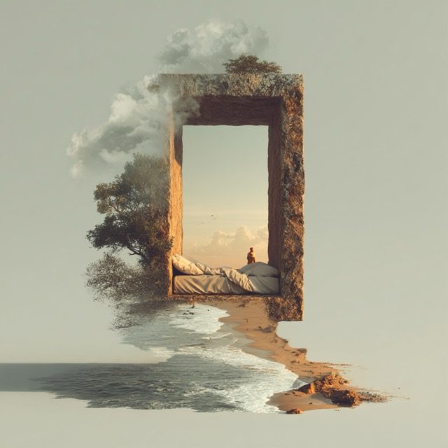 Featured on Single-Album Cover: Surreal doorway standing in a quiet landscape with soft muted colors.