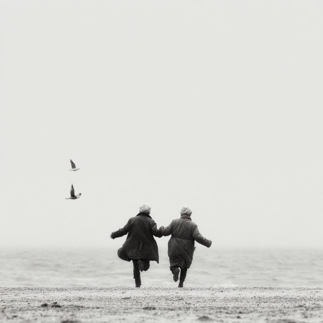 Featured on Single-Album Cover: An elderly couple is happily running along the beach toward the lake.