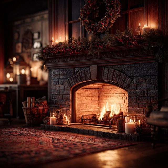 Featured on Single-Album Cover: Cozy fireplace in an elegant room filled with candles and warm light.