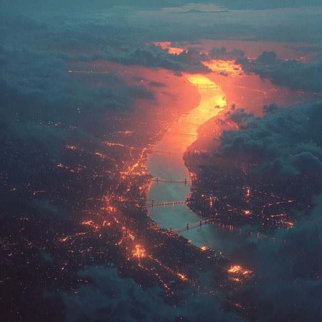Featured on Single-Album Cover: An aerial view of a picturesque river in a major city at sunset, with the sun reflected in the river.