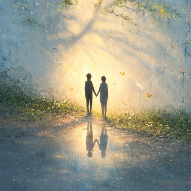 Featured on Single-Album Cover: Two silhouettes are holding hands and walking through a misty golden forest path.