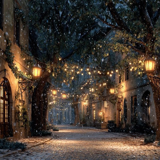 Featured on Single-Album Cover: Magical tree-lined street glowing with warm lantern lights.