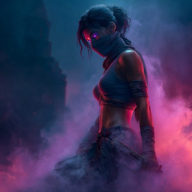 Featured on Single-Album Cover: Neon-lit female assassin standing in smoky pink and blue atmosphere.