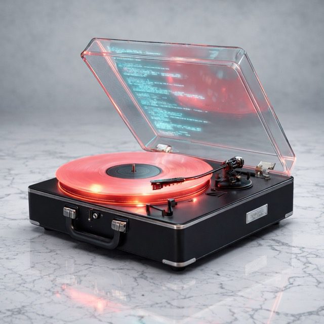 Featured on Single-Album Cover: Open record player with a bright neon-red record.