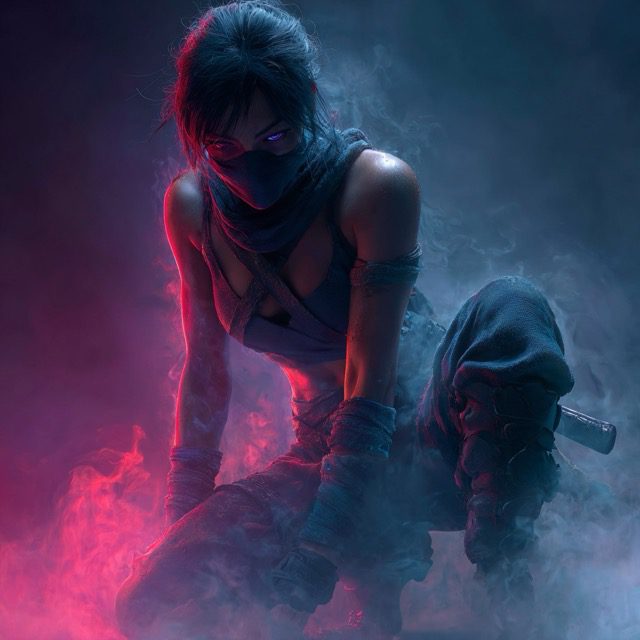 Featured on Single-Album Cover: Female assassin kneeling in dramatic pink and blue lighting.