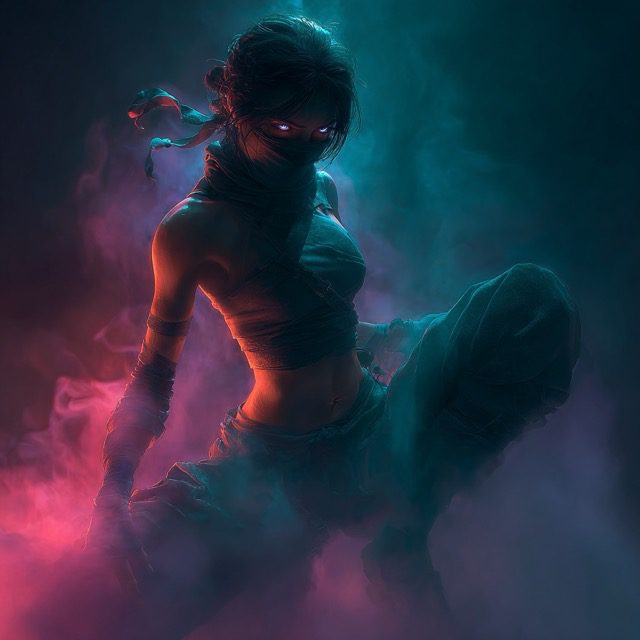 Featured on Single-Album Cover: Neon artwork of a crouching female assassin surrounded by pink and blue smoke.