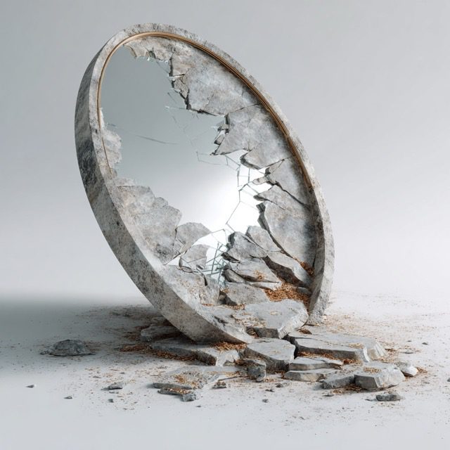 Featured on Single-Album Cover: Broken oval mirror lying on a pale surface with shattered glass.