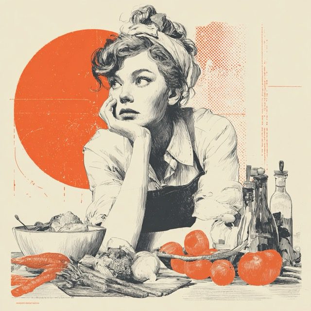 Featured on Single-Album Cover: Vintage illustration of a woman cooking with tomatoes and kitchen bottles.
